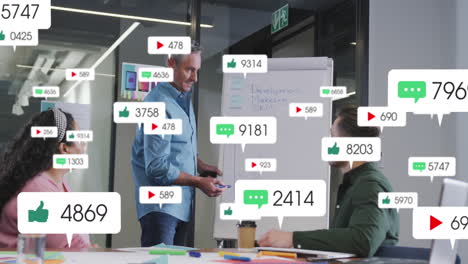 Animation-of-notification-bars-over-diverse-manager-explaining-strategy-to-coworkers-on-whiteboard