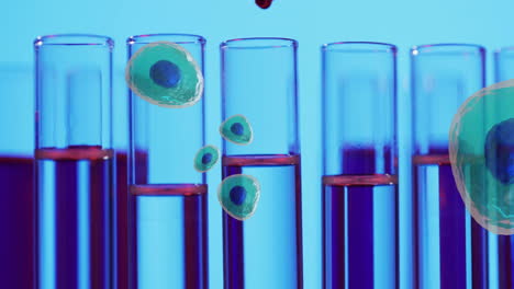 Animation-of-white-blood-cells-over-test-tubes-in-laboratory-on-blue-background