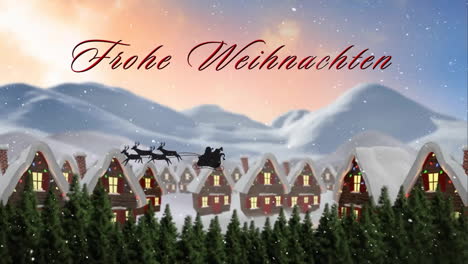 Animation-of-frohe-weihnachten-text-over-snow-falling-in-christmas-winter-scenery-background