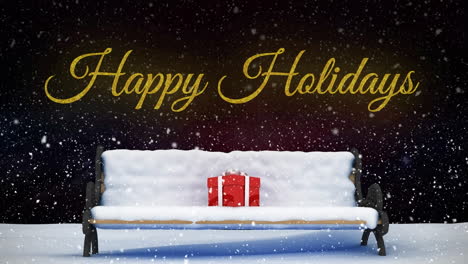 Animation-of-happy-holidays-text-over-bench-with-present-and-snow-falling-background