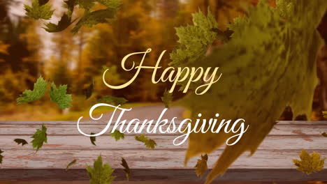 Animation-of-falling-leaves,-happy-thanksgiving-text-over-wooden-table-against-abstract-background