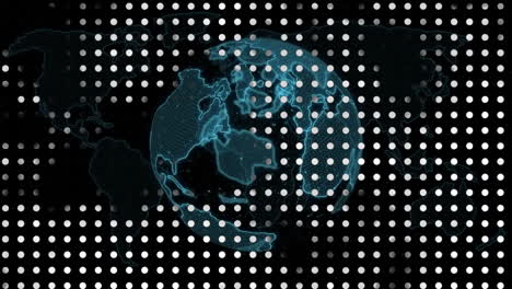 Animation-of-illuminated-dots-with-rotating-globe-and-map-over-black-background