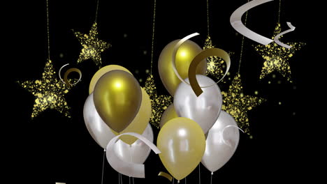 Animation-Von-Goldenen-Und-Silbernen-Luftballons-Mit-Party-Luftschlangen-Auf-Schwarzem-Hintergrund