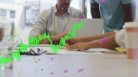 Animation-of-multiple-graphs,-changing-numbers-over-diverse-coworkers-discussing-reports-in-office