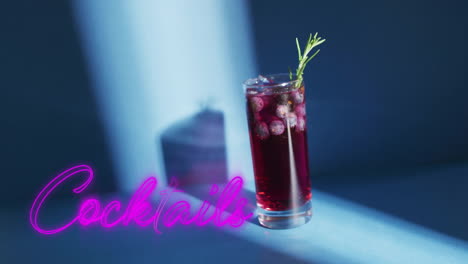Animation-of-cocktails-neon-text-and-cocktail-on-blue-background
