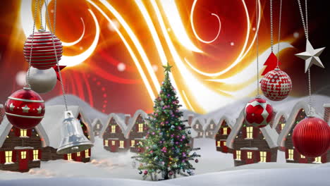 Animation-of-christmas-bauble-decorations-over-christmas-tree-in-winter-scenery-background