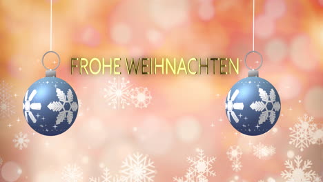 Animation-of-frohe-weihnachten-text-and-christmas-baubles-on-pink-background