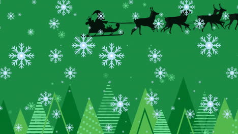 Animation-Von-Schneeflocken,-Weihnachtsmann-Auf-Schlitten-Mit-Rentieren-Und-Bäumen-Vor-Grünem-Hintergrund