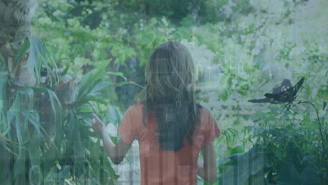 Animation-of-multiple-graphs-over-rear-view-of-biracial-woman-walking-and-touching-plants