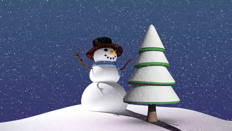 Animation-of-snowfall-over-snowman,-tree-on-mountain-against-abstract-background