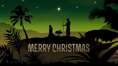 Animation-of-merry-christmas-text-over-nativity-scene-on-green-background