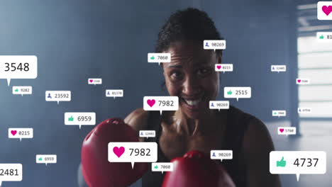 Animation-of-notification-bars-over-diverse-female-boxer-looking-at-screen-and-practicing-punches