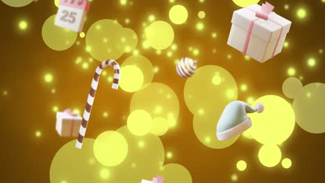 Animation-Von-Weihnachtsdekorationen-über-Lichtern,-Die-Auf-Braunen-Hintergrund-Fallen