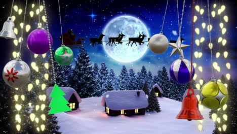Animation-of-christmas-baubles-decorations-over-santa-claus-and-winter-scenery-background