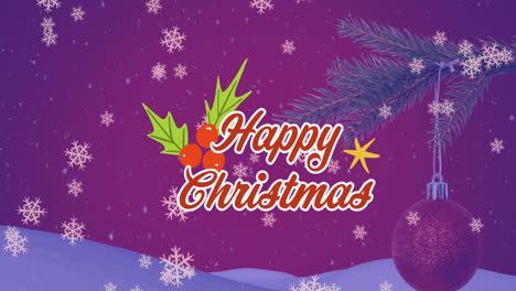 Animation-of-happy-christmas-text,-cherries,-hanging-bauble-on-tree-and-snowflakes