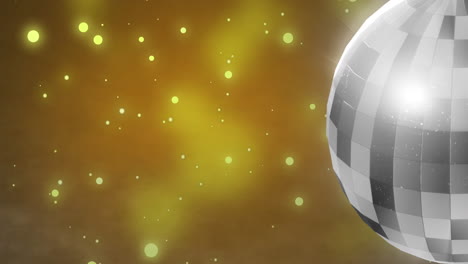 Animation-of-mirror-disco-ball-spinning-over-spots-of-lights-on-yellow-background