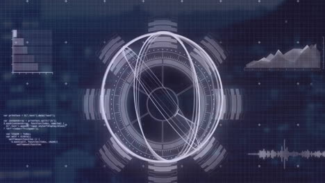 Animation-of-circles-on-arc-reactor,-graphs-and-computer-language-over-abstract-background