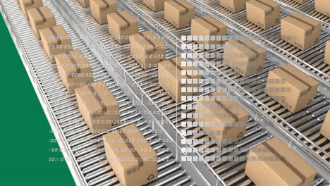 Animation-of-binary-codes,-squares-and-carboard-boxes-moving-on-conveyor-belts-over-green-background