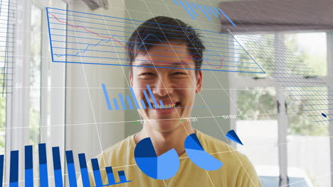 Animation-of-multiple-graphs-with-changing-numbers-over-close-up-of-smiling-asian-man