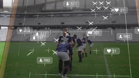 Animation-of-notification-bars,-strategy-on-slate-over-diverse-rugby-player-playing-match