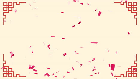 Animation-of-chinese-pattern-and-confetti-falling-on-yellow-background