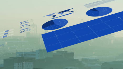 Animation-Einer-Blauen-Infografik-Oberfläche-über-Einer-Nebelbedeckten-Modernen-Stadtlandschaft-Vor-Dem-Himmel