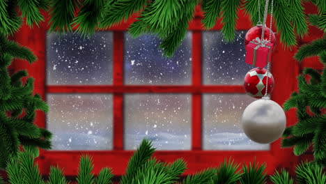 Animation-of-christmas-bauble-decorations-over-window-in-winter-scenery-background