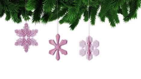 Animation-of-snowflakes-christmas-decorations-with-fir-tree-branches-on-white-background