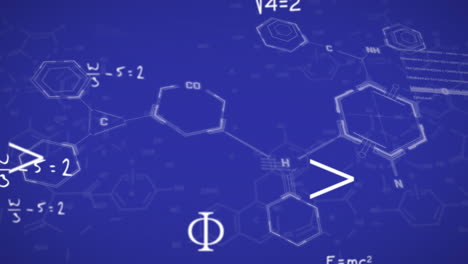 Animation-of-mathematical-equation-with-molecules-structures-against-blue-background