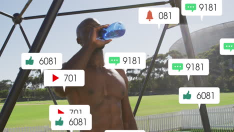 Animation-of-notification-bars-over-african-american-athlete-drinking-water-after-training-outdoors