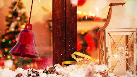Animation-Von-Weihnachtskugeln-Dekorationen-über-Dem-Fenster-Vor-Weihnachtlichem-Hintergrund