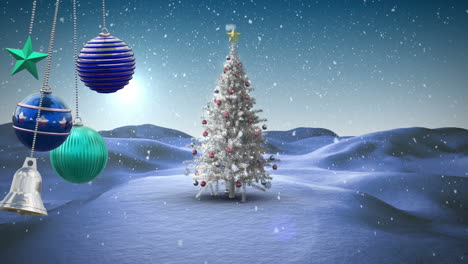Animation-of-christmas-baubles-and-christmas-tree-over-snow-falling-in-winter-scenery