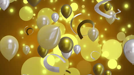 Animation-Von-Goldenen-Und-Silbernen-Luftballons-Auf-Gelbem-Hintergrund