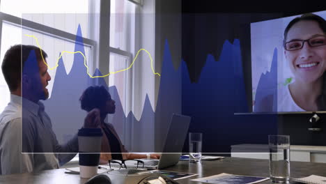 Animation-of-graphs-over-diverse-female-discussing-strategy-with-coworkers-on-video-call