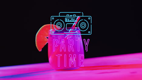 Animation-of-party-time-neon-text-and-cocktail-on-pink-and-black-background