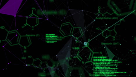 Animation-of-computer-language,-connected-dots-and-molecule-structures-over-black-background
