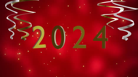 Animation-of-2024-text,-gold-and-silver-streamers-on-red-background