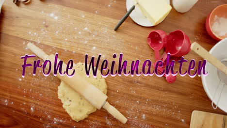 Animation-of-frohe-wihnachten-text-over-rolling-pin-and-cookie-dough