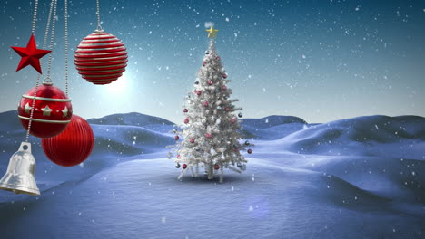 Animation-Von-Weihnachtskugeln-Dekorationen-über-Weihnachtsbaum-Im-Winterlandschaftshintergrund