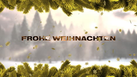 Animation-of-frohe-wihnachten-text-over-branches-and-winter-scenery-background