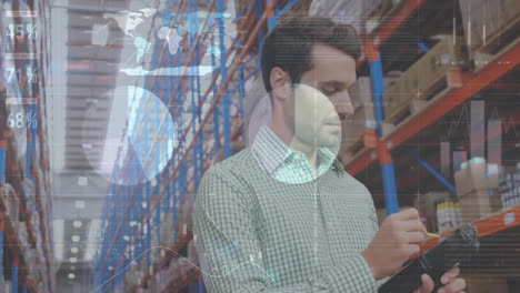 Animation-of-infographic-interface-over-caucasian-man-checking-inventory-in-warehouse