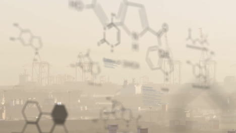 Animation-Von-Molekülstrukturen-Und-Computersprache-über-Einer-Nebelbedeckten-Modernen-Stadt-Gegen-Den-Himmel