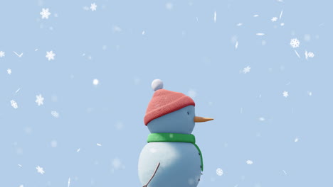 Animation-of-christmas-snow-man-moving-over-snow-falling-on-blue-background