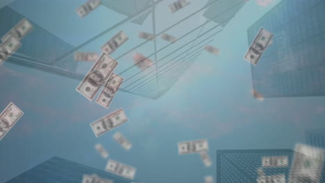 Animation-Fallender-Dollarscheine-über-Einer-Niedrigen-Winkelansicht-Moderner-Gebäude-Gegen-Den-Himmel