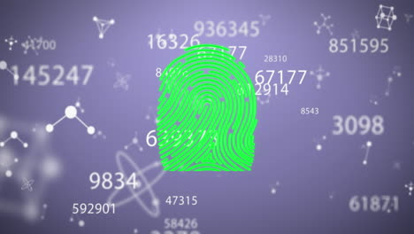 Animation-of-fingerprint,-changing-numbers-and-floating-nucleotides-over-abstract-background