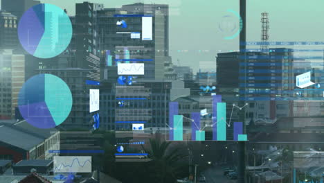 Animation-of-multiple-graphs-and-trading-board-over-aerial-view-of-modern-building-against-sky