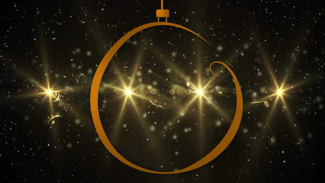 Animation-of-hanging-bauble-over-lens-flares-and-snowfall-against-black-background