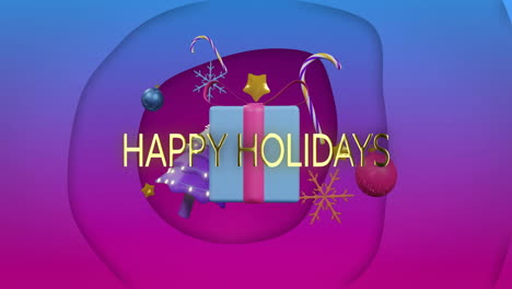 Animation-of-happy-holidays-text-with-gift-box-and-various-decorations-on-abstract-background