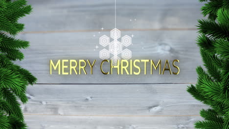 Animation-of-merry-christmas-text-over-snowflake-and-fir-tree-branches-on-wooden-background