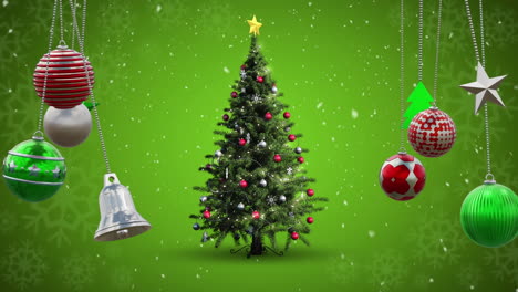 Animation-of-christmas-baubles-over-christmas-tree-and-snow-falling-on-green-background